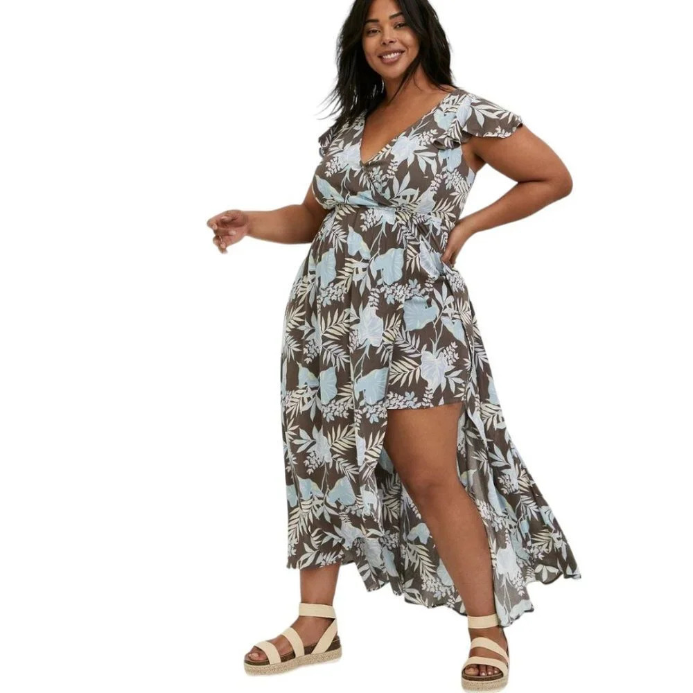 Torrid Maxi Gauze Walk Through Maxi Dress Womens Size L Floral Romper V Neck‎